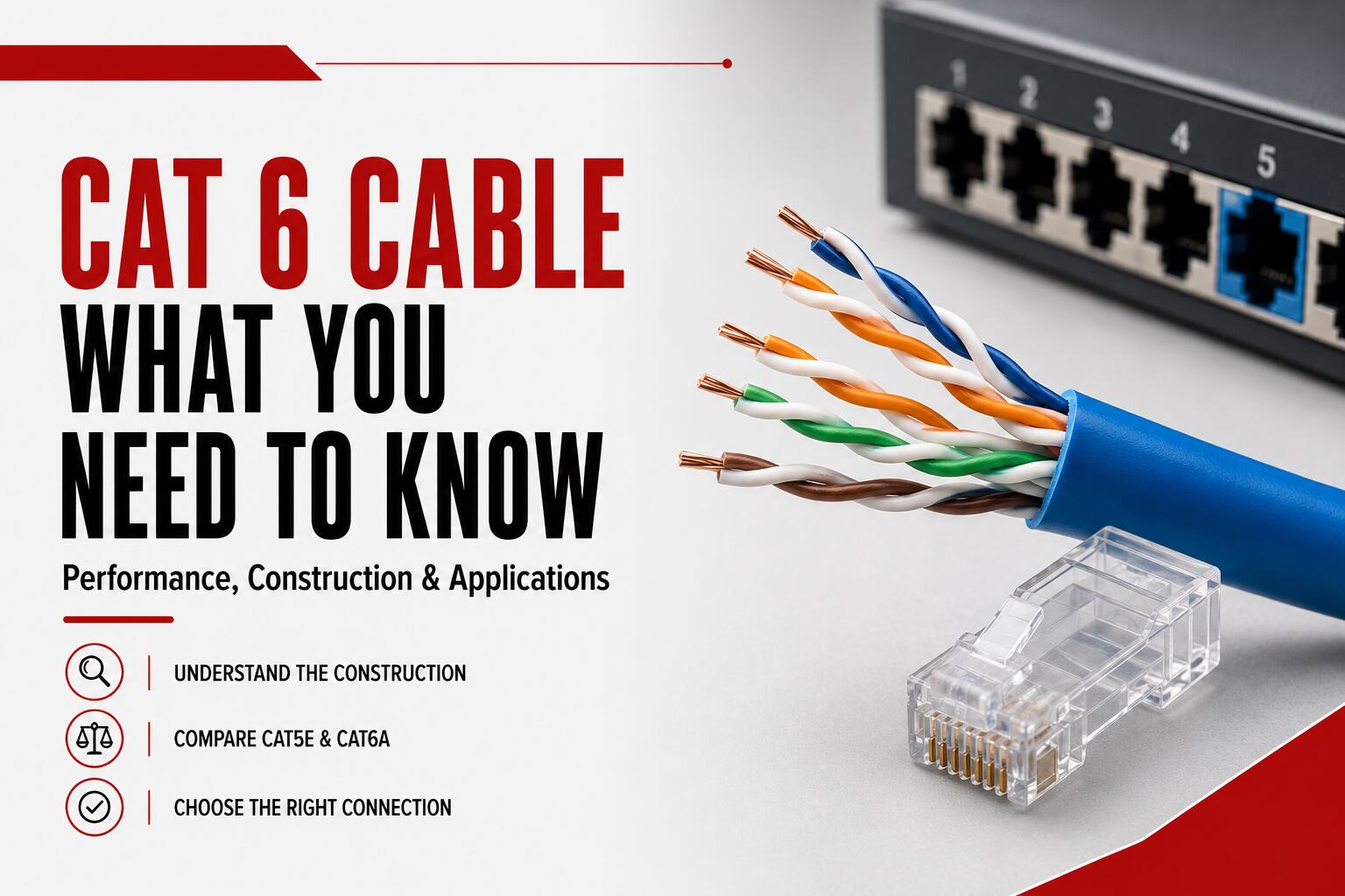 Cat 6 Cable showing four twisted conductor pairs, an RJ45 connector and network switch