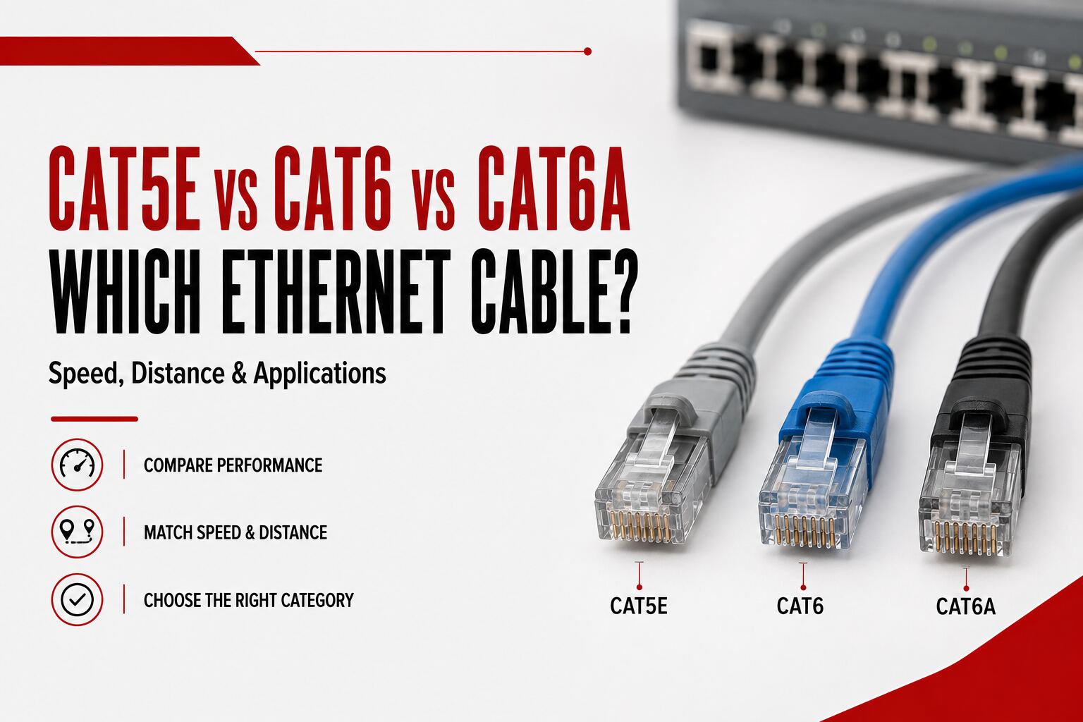 Cat5e vs Cat6 vs Cat6A comparison showing three Ethernet patch cables with RJ45 connectors