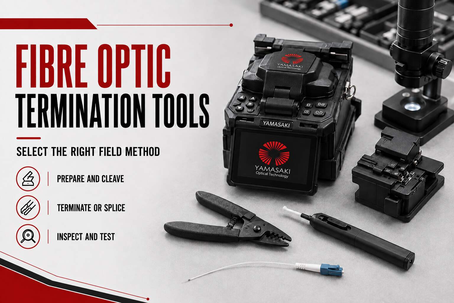 Fibre optic termination tools including a Yamasaki fusion splicer, cleaver, stripper, microscope and LC pigtail