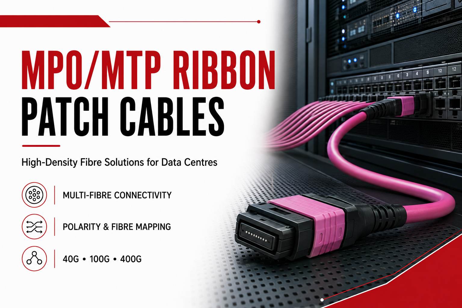 MPO/MTP ribbon patch cables connecting high-density 40G, 100G and 400G data centre fibre networks