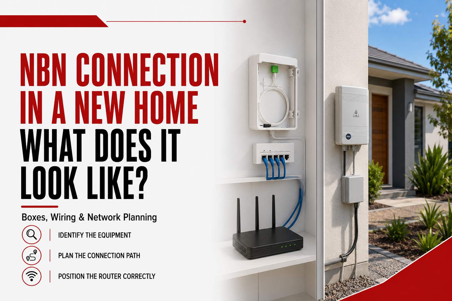 NBN connection in a new home showing external NBN equipment, internal cabling and a separate Wi-Fi router