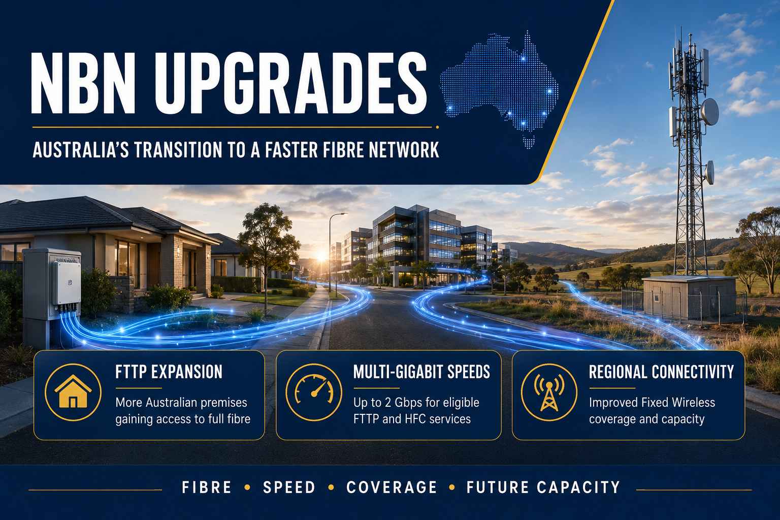 NBN upgrades across Australia showing FTTP expansion, 2 Gbps services and improved regional connectivity