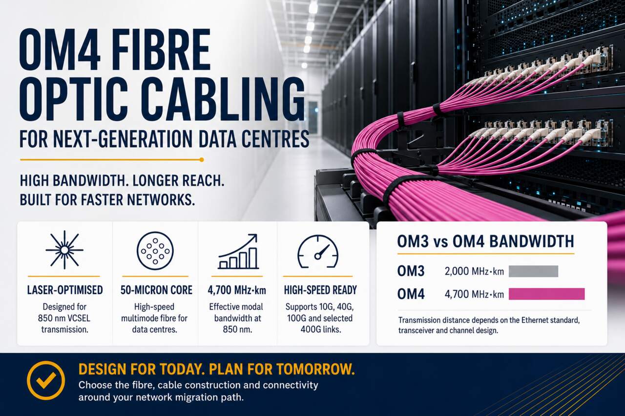 OM4 fibre optic cabling connecting network equipment in a next-generation data centre