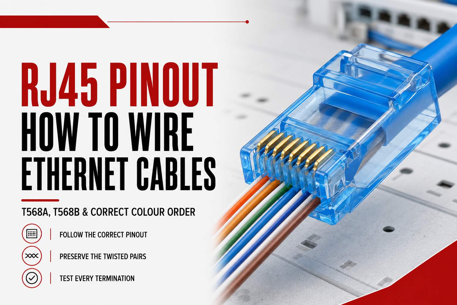 RJ45 Pinout showing an Ethernet connector, eight conductors and correct T568A and T568B wiring guidance