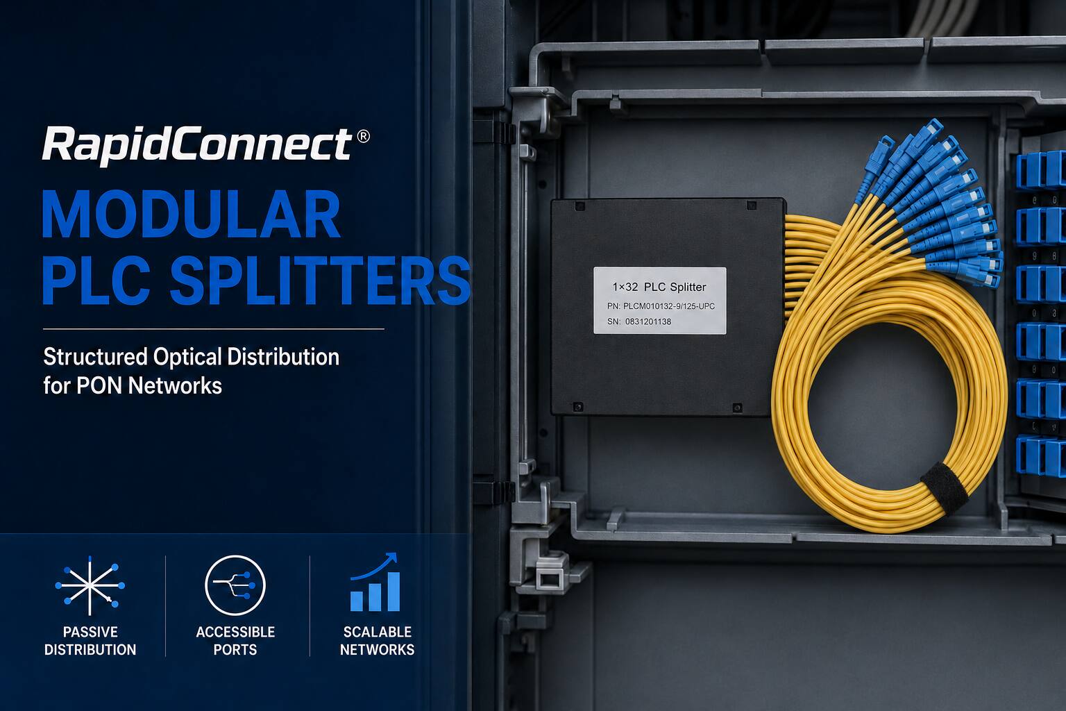 RapidConnect Modular PLC Splitter with yellow fibre pigtails and blue SC/UPC connectors for PON network distribution.