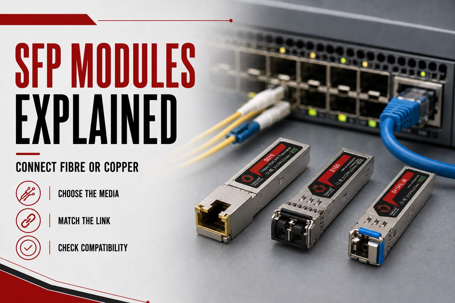 SFP module options for fibre, copper and BiDi network connections