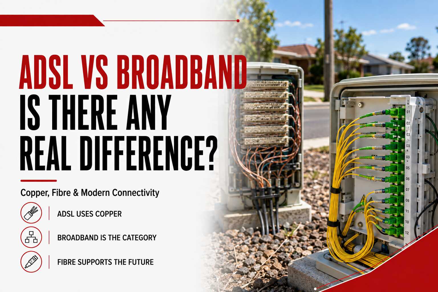 ADSL vs broadband comparison showing legacy copper telephone cabling beside modern fibre optic connectivity
