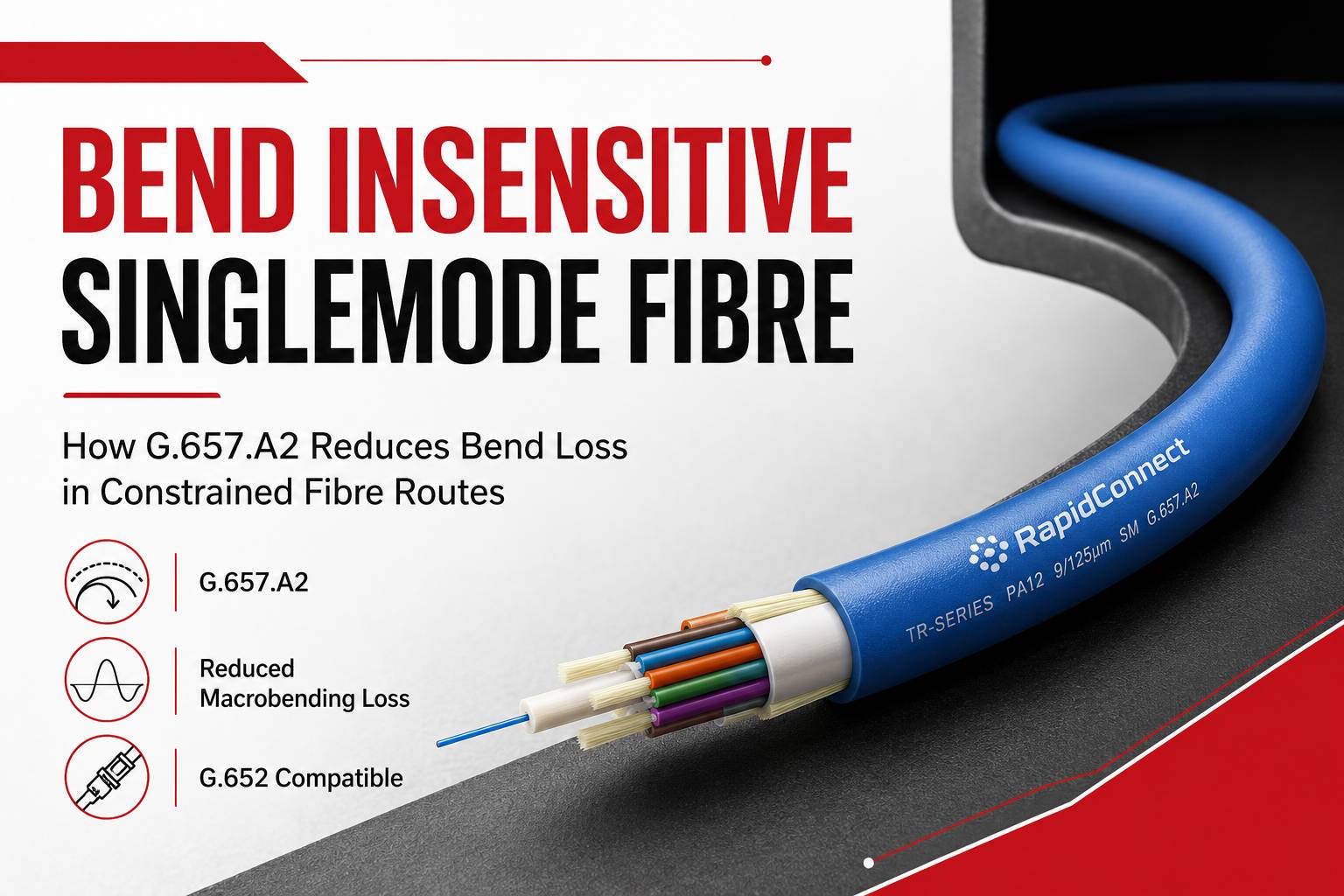 Bend Insensitive Singlemode Fibre graphic featuring a blue RapidConnect G.657.A2 fibre cable curved to demonstrate reduced bend loss.