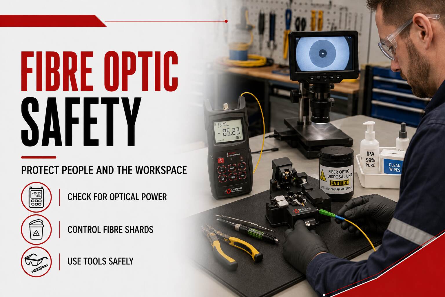 Fibre optic safety technician using a Yamasaki power meter and Y18 cleaver beside a fibre optic disposal unit
