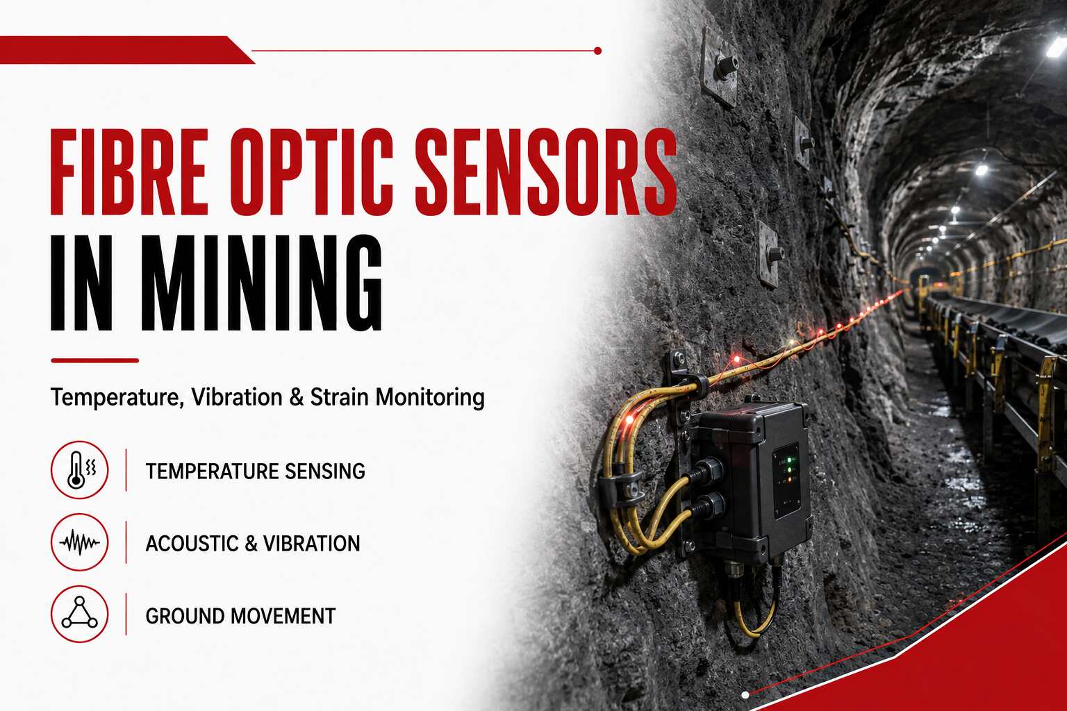Fibre optic sensors in mining monitoring temperature, acoustic activity and ground movement in an underground mine