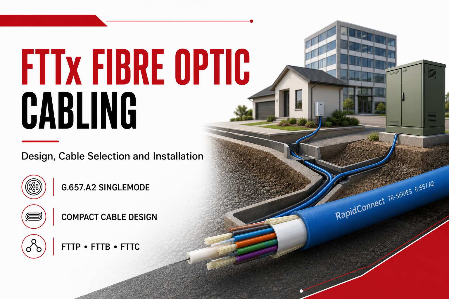 FTTx fibre optic cabling graphic showing RapidConnect G.657.A2 singlemode cable connecting Australian homes, buildings and telecommunications infrastructure.