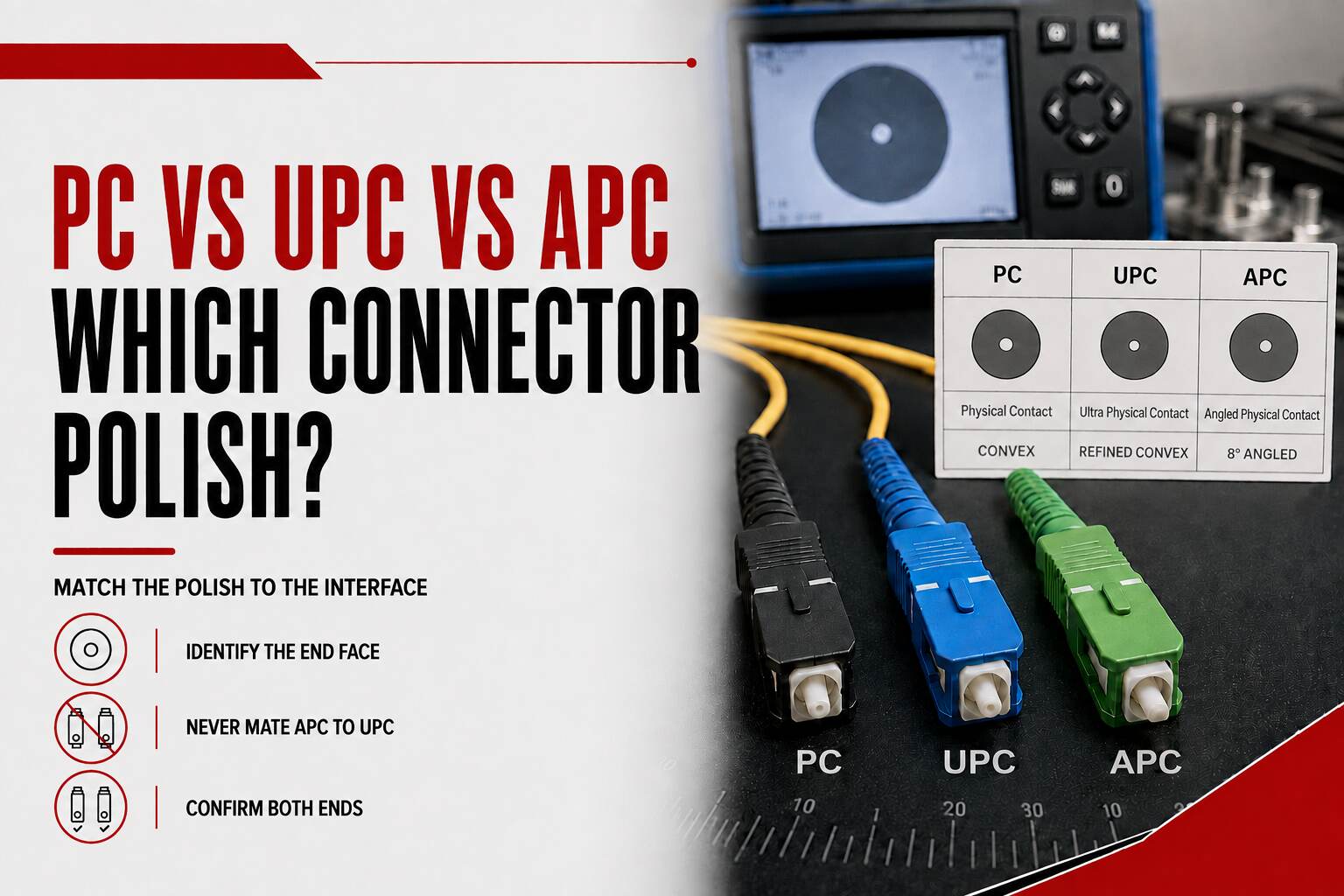 PC vs UPC vs APC fibre connector polish comparison showing black PC, blue UPC and green APC connectors