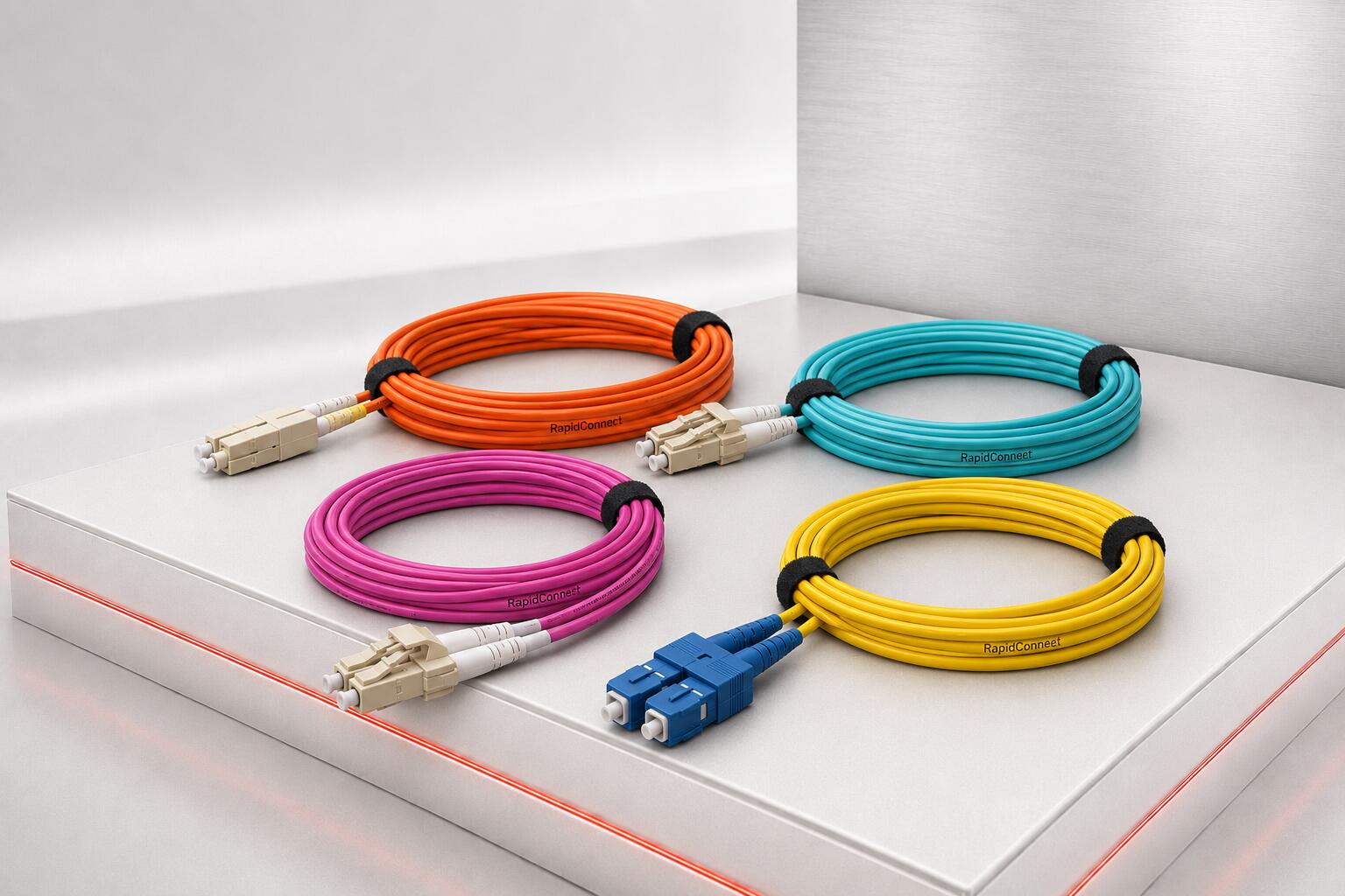 RapidConnect Fibre Optic Patch Leads in orange OM1, aqua OM3, Erika Violet OM4 and yellow singlemode configurations