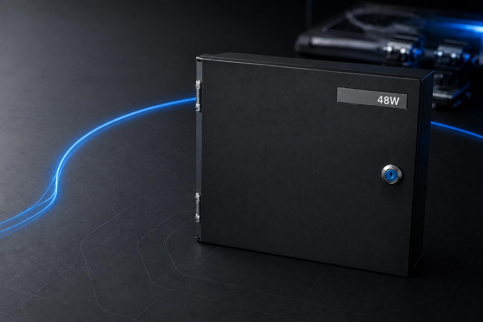 RapidConnect 48W wall mount fibre enclosure with blue optical fibre lighting