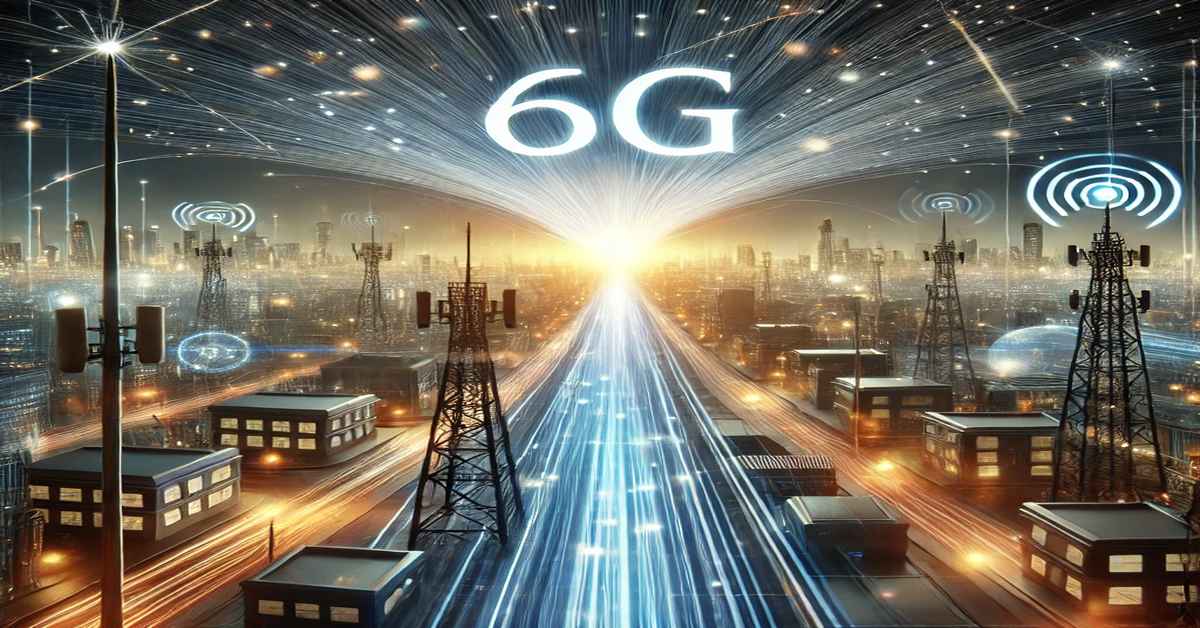 A futuristic digital illustration of a 6G Fibre Optic Network, featuring glowing fibre optic cables transmitting data across a high-tech cityscape with mobile towers and smart infrastructure.