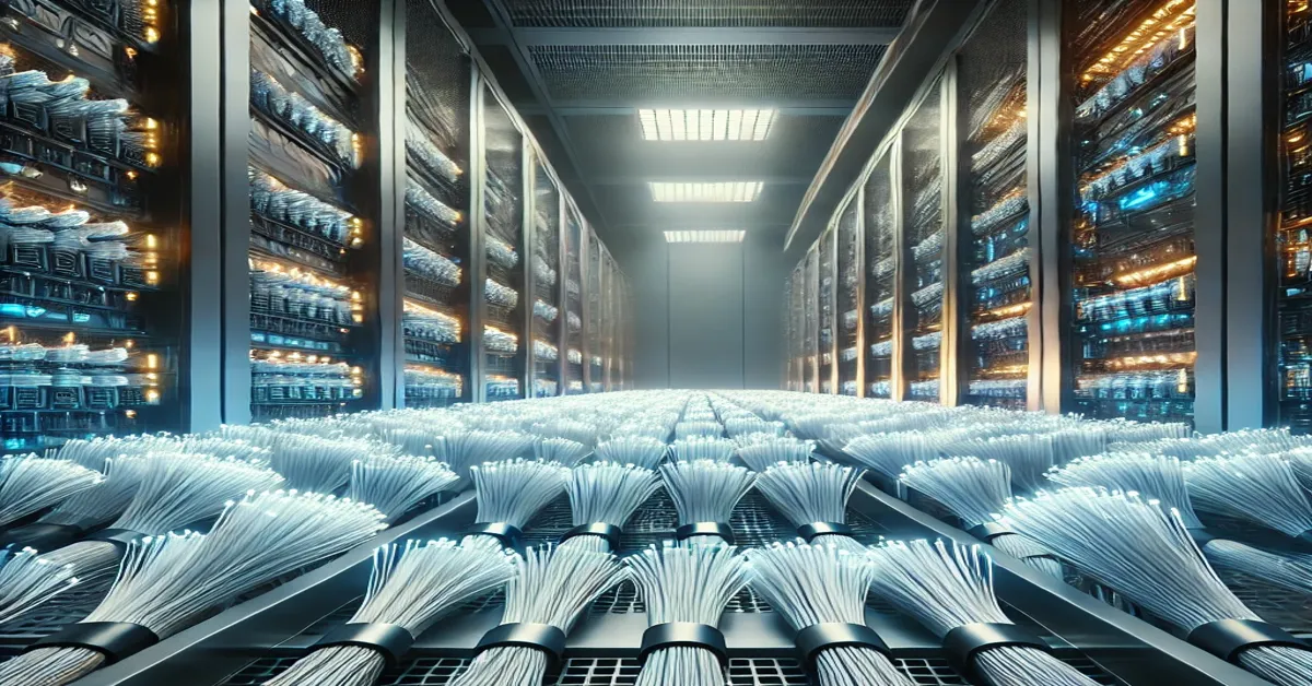 High-tech visualisation of cable trays supporting neatly organised fibre optic cables in a data centre.