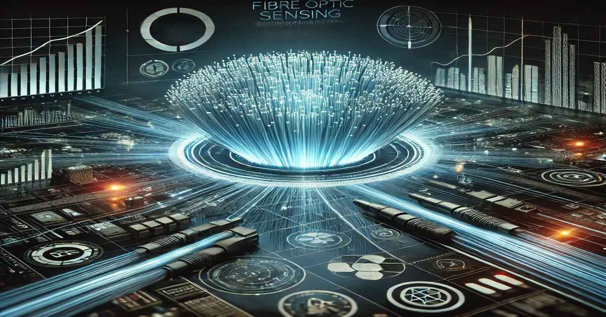 A futuristic digital illustration of Fibre Optic Sensing Technology, showcasing glowing fibre optic cables detecting environmental changes, infrastructure integrity and industrial monitoring.