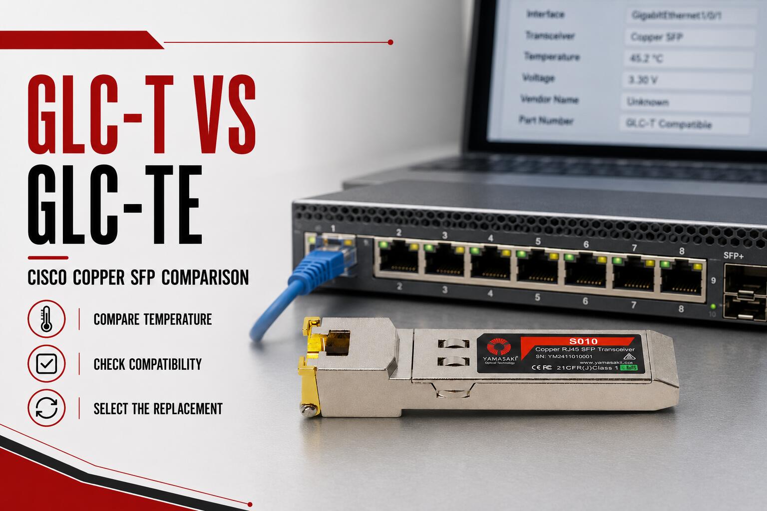 GLC-T vs GLC-TE comparison featuring a Yamasaki S010 Cisco-compatible copper SFP transceiver
