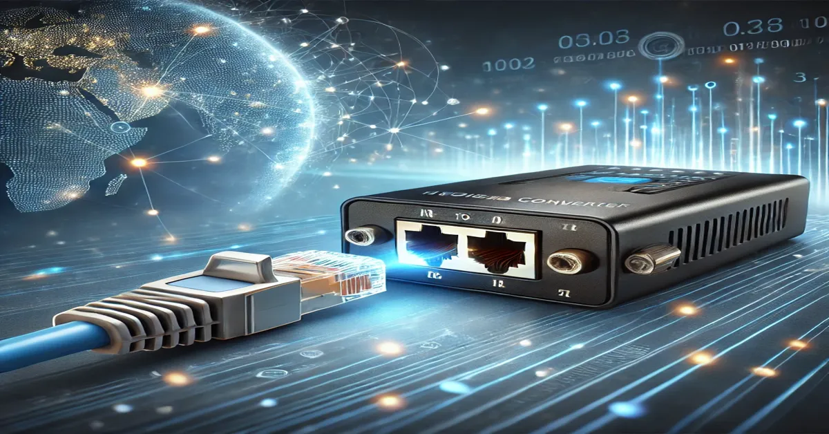 A digital illustration of a Copper to Fibre Media Converter, showing an Ethernet cable on one side and a fibre optic cable on the other, depicting seamless signal conversion for high-speed networking.