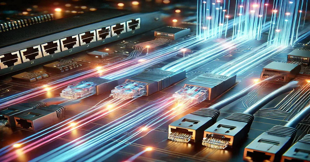 A futuristic digital illustration showcasing Fibre Media Converters, with glowing fibre optic cables transferring data between Ethernet ports, symbolizing high-speed network connectivity.