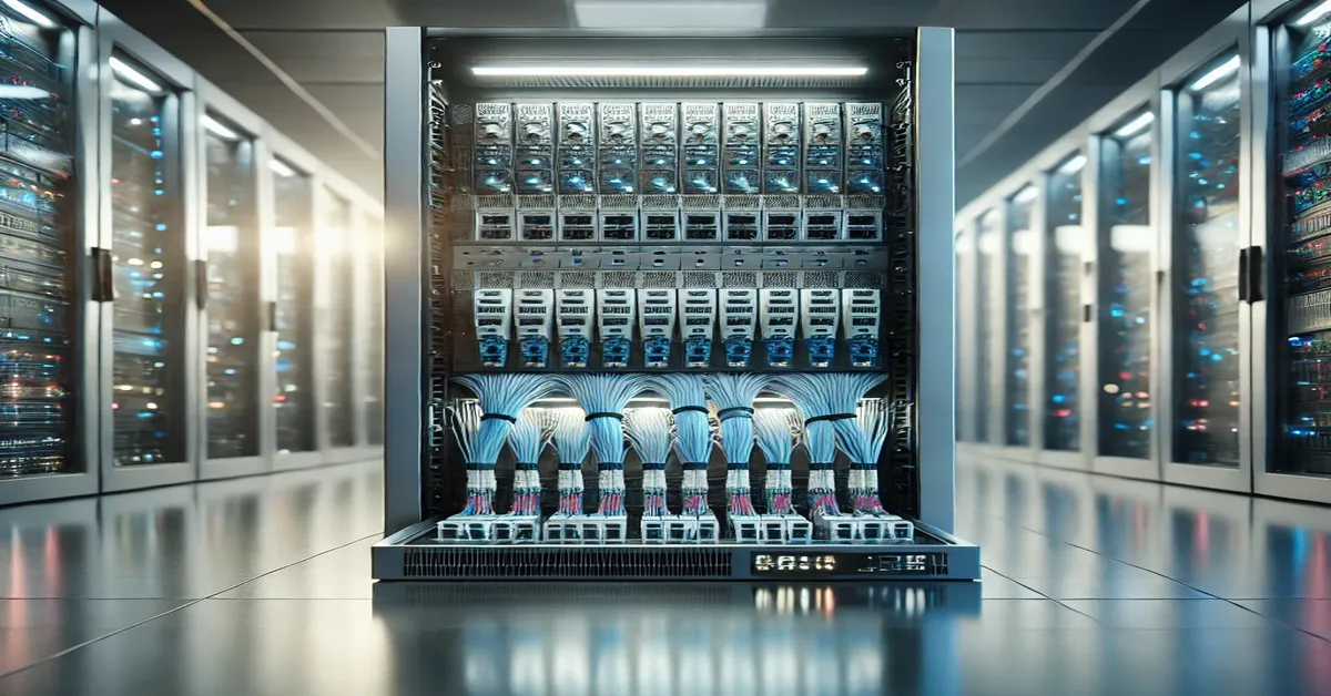 A modern Fibre Optic Enclosure and Patch Panel setup with neatly arranged fibre cables in a professional data centre environment.
