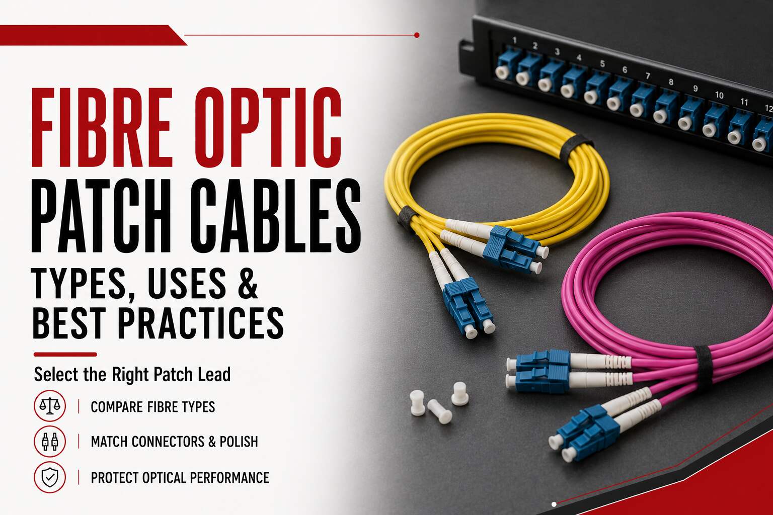 Yellow OS2 and Erika Violet OM4 fibre optic patch cables with LC connectors beside a fibre patch panel