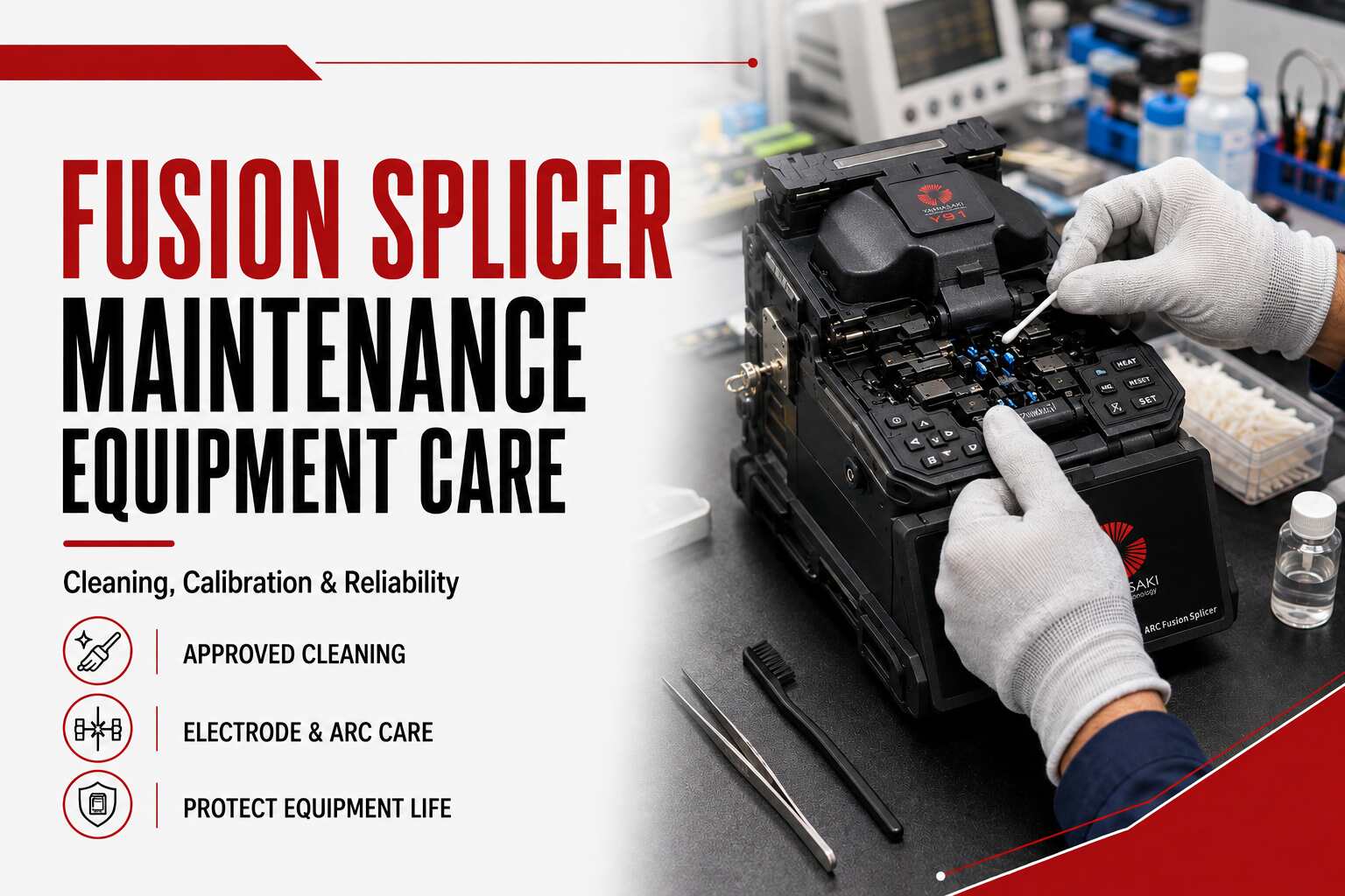 Technician maintaining a Yamasaki Y91 fusion splicer using approved cleaning and equipment-care procedures