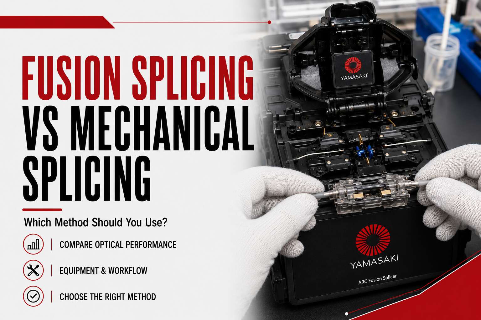 Fusion splicing vs mechanical splicing comparison using a Yamasaki fusion splicer and precision mechanical fibre splice