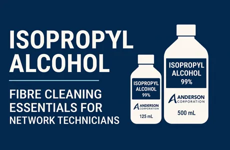 Isopropyl Alcohol bottles for fibre optic cleaning, including 125ml and 500ml packaging, on a blue background.