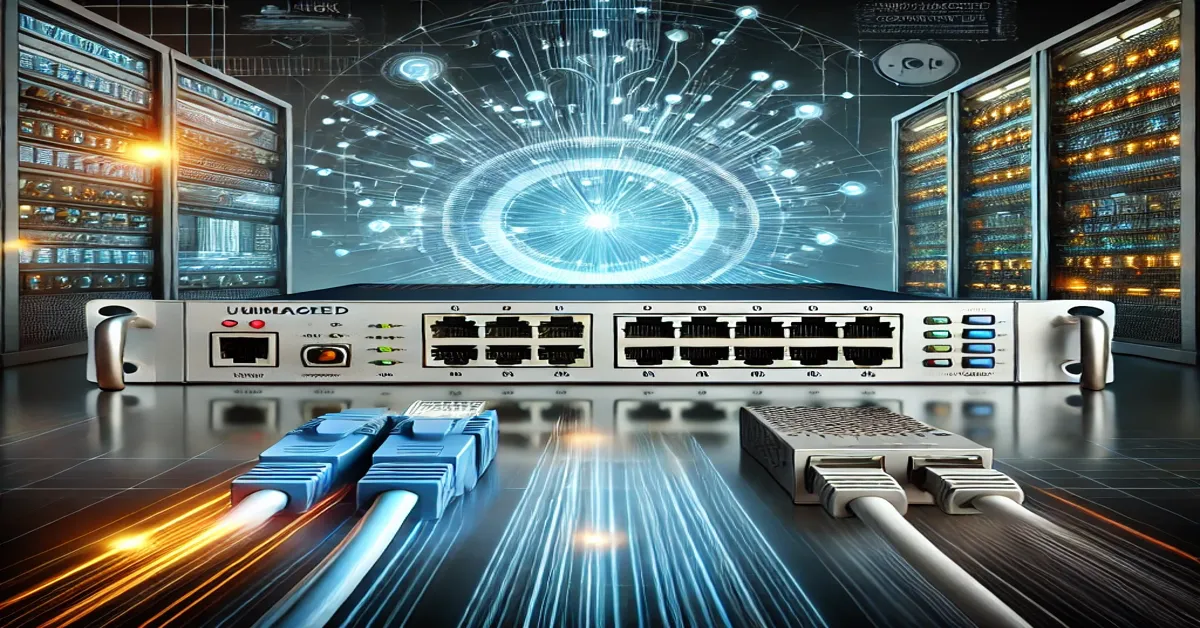 A professional digital illustration comparing Managed vs Unmanaged Media Converters, showcasing a simple plug-and-play unmanaged media converter alongside an advanced managed media converter with network monitoring capabilities in a high-speed fibre optic network environment.