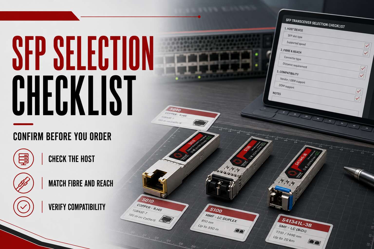 SFP Transceiver Selection Checklist showing Yamasaki copper, multimode and BiDi SFP modules