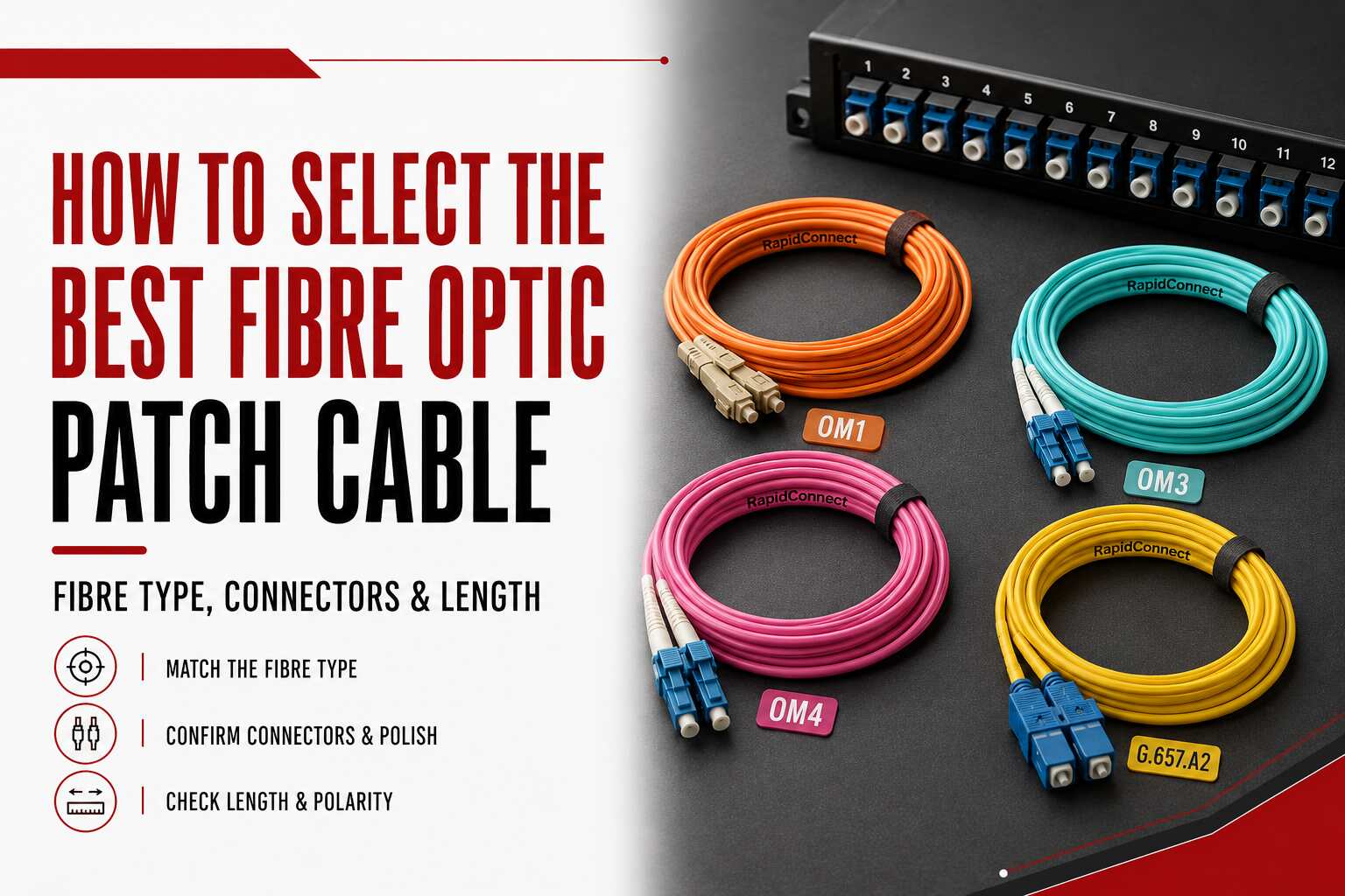 OM1, OM3, OM4 and G.657.A2 fibre optic patch cables displayed for comparison when selecting the correct patch lead