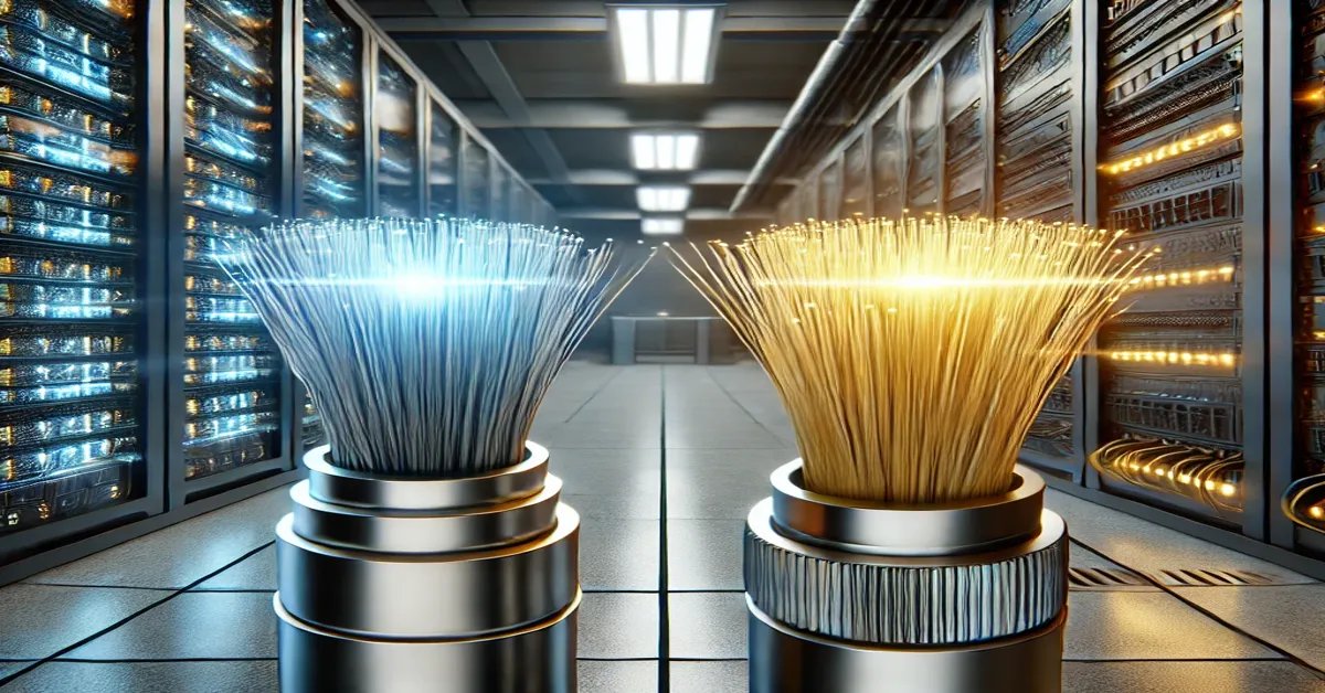 A high-quality comparison of singlemode vs multimode pre terminated fibre optic cables in a modern data centre, highlighting core size and transmission differences.