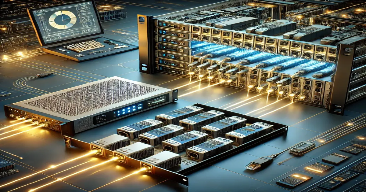 A digital illustration comparing Standalone vs Chassis Media Converters, featuring a compact standalone media converter next to a rack-mounted chassis system in a high-speed fibre optic network environment.
