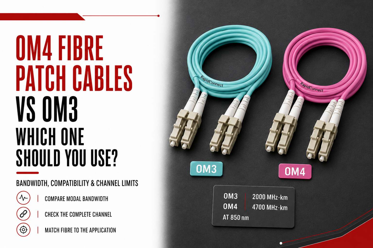 Aqua OM3 and Erika Violet OM4 duplex fibre patch cables compared by modal bandwidth, compatibility and channel requirements.
