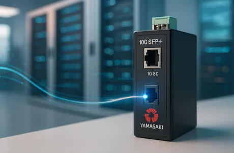 10G Media Converter setup in a modern data centre environment with fibre connections and digital signal overlays.