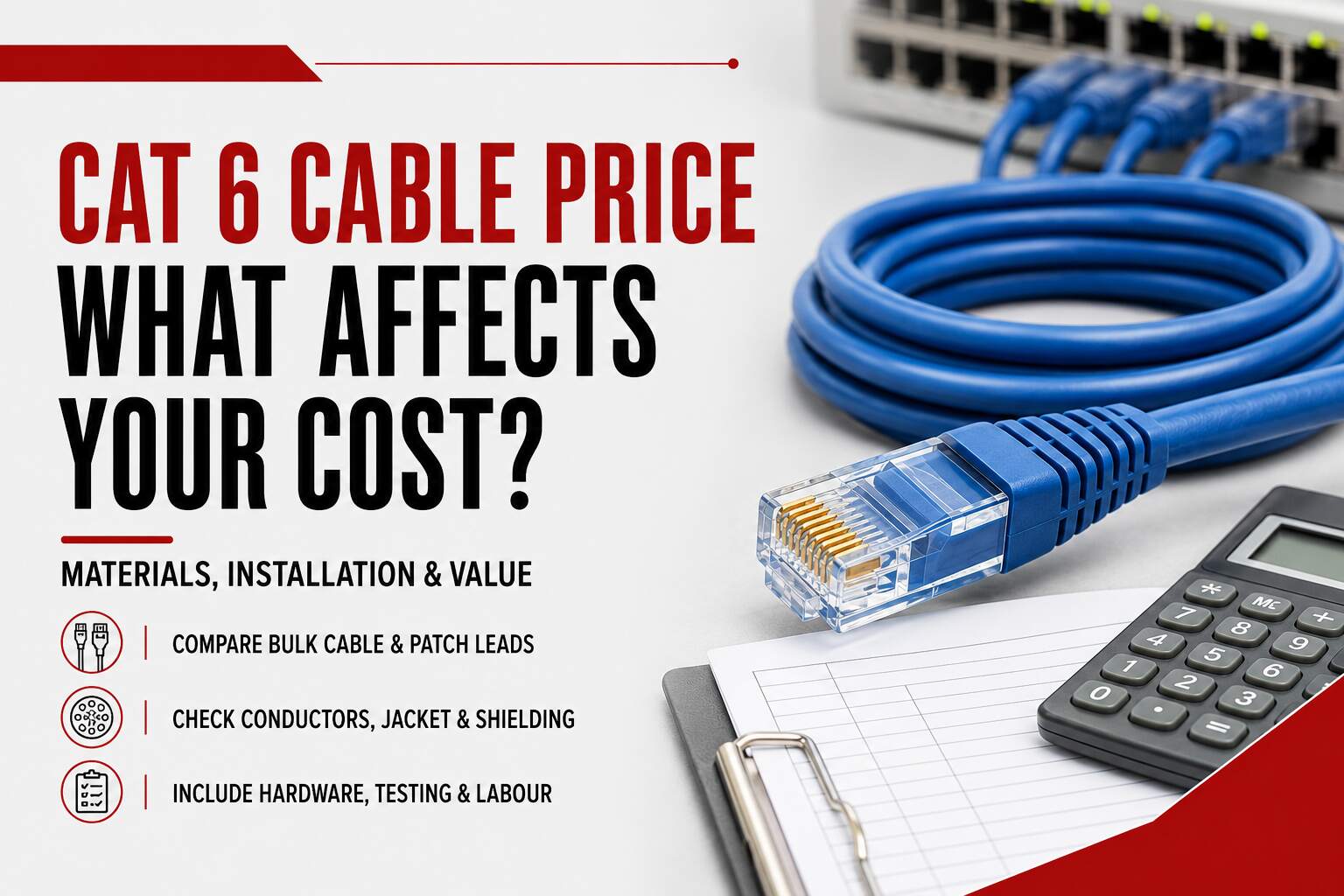 Cat 6 Cable Price guide showing an Ethernet patch lead, bulk cable, calculator and project quotation