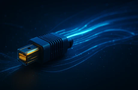 Cinematic-style close-up of a Cat6A patch cable with dramatic lighting and glowing digital elements, used in high-performance networks