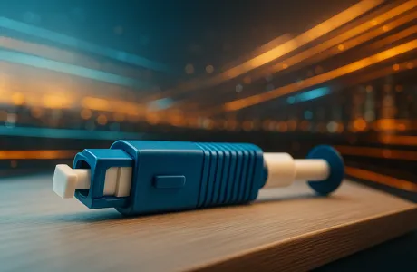 Close-up of a blue SC fibre connector cleaner on a wooden surface with glowing network signal lines, representing cleaning SC connectors.