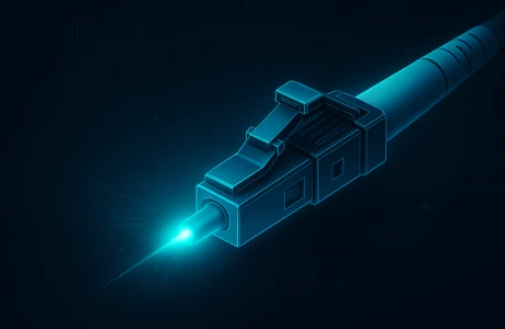 Futuristic digital image of an LC fibre optic connector used in professional fibre connector cleaning