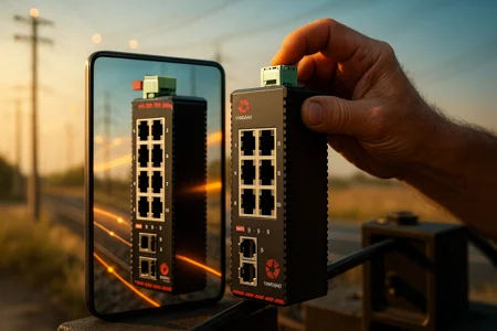 Hand holding an Industrial Media Converter outdoors, reflecting in a mirror with fibre signal trails and rugged surroundings.