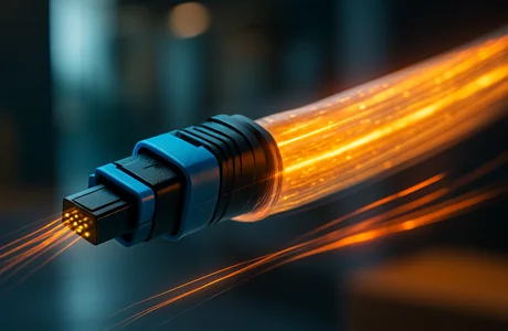 Close-up view of an MTP Cable with glowing fibres, emphasizing precision and high-speed data transmission.