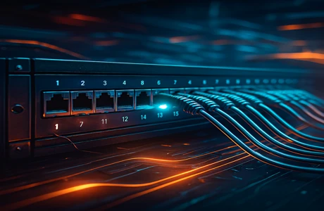 Futuristic digital rendering of a fibre and copper patch panel with glowing network lines, visually representing patch panel price comparison.