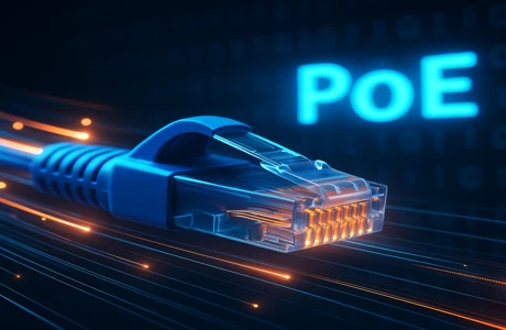 Futuristic close-up of PoE copper cables with glowing RJ45 connector, digital light trails, and binary code in a high-tech data environment