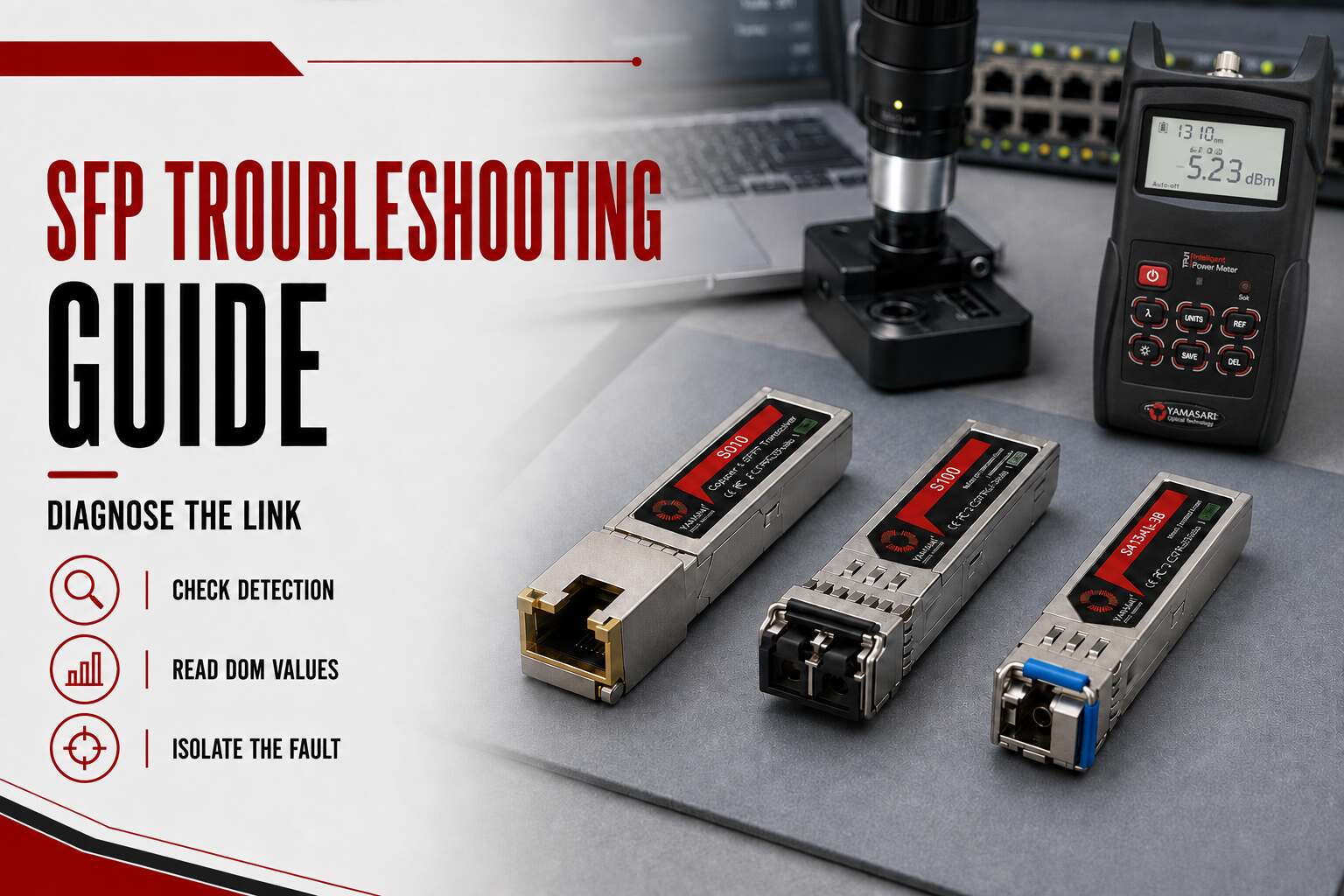 SFP Troubleshooting Guide with Yamasaki S010, S100 and BiDi transceivers beside fibre testing equipment