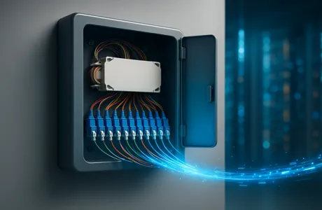 High-resolution image of a wall mount patch panel installed in a compact fibre network, showcasing cable terminations and SC connectors.