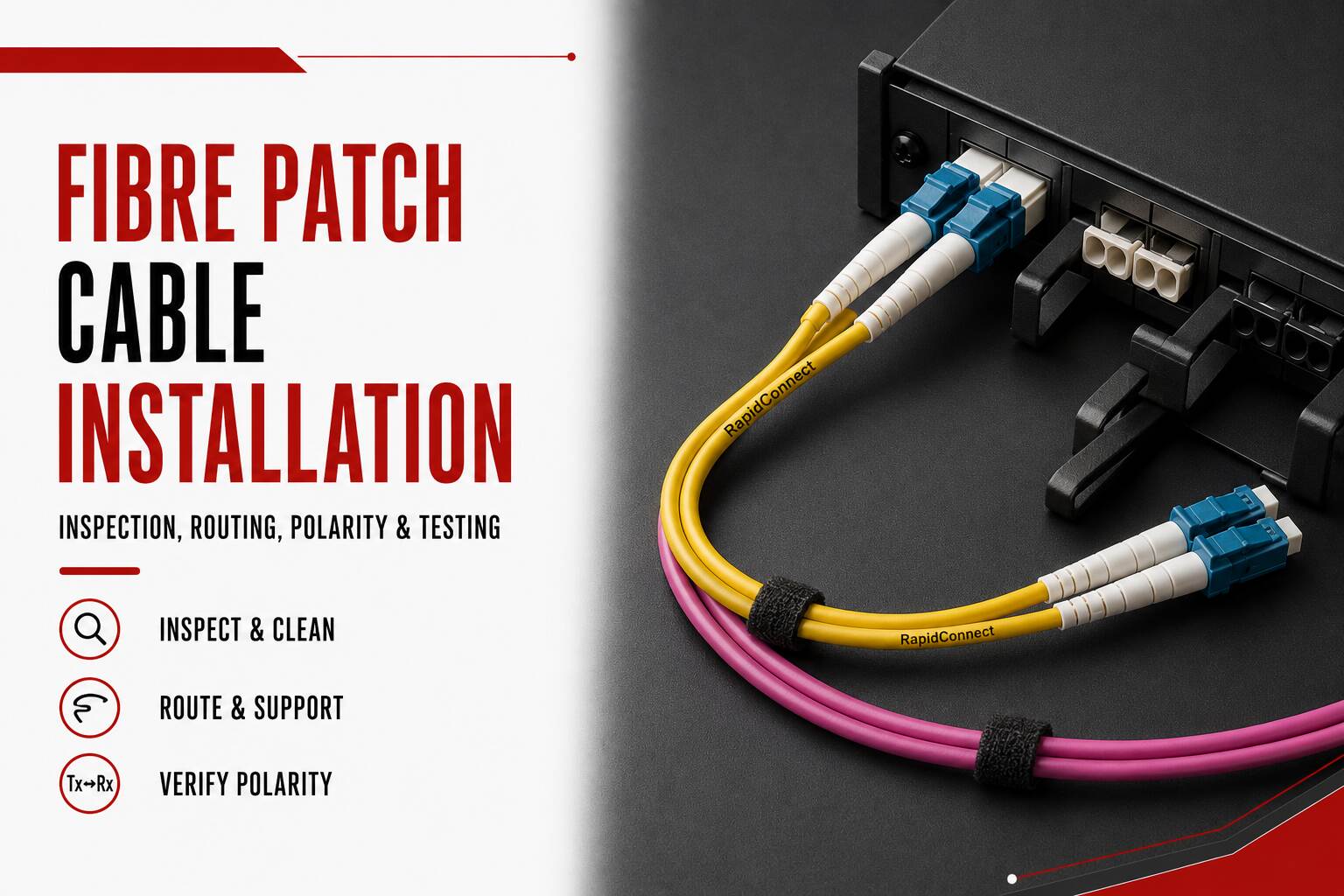 RapidConnect OS2 and OM4 fibre patch cables correctly routed and supported during fibre patch cable installation