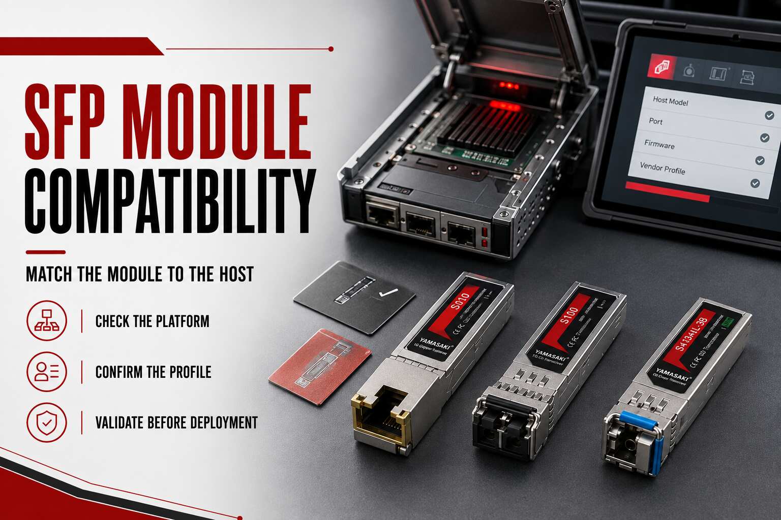 SFP Module Compatibility showing Yamasaki S010, S100 and S41341L-3B transceivers with host and firmware validation.