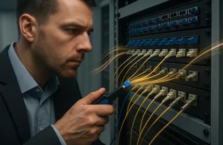 Technician inspecting fibre optic connectors in a modern data centre environment