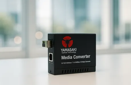 SFP Media Converter from Yamasaki placed in a professional fibre optic environment, highlighting modular fibre connectivity.